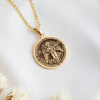 Archangel Gabriel Trumpet Medallion Necklace Pendants 14K 14K Gold Plated pendant necklace featuring winged angels design on a round medallion.