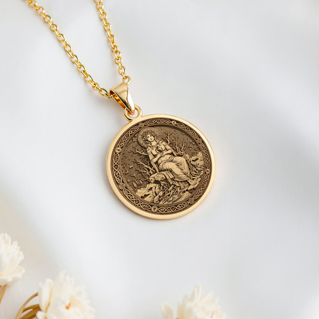 Gaia Earth Goddess Medallion Pendant | 14K Solid Gold - Ancient Mythology Protection Talisman
