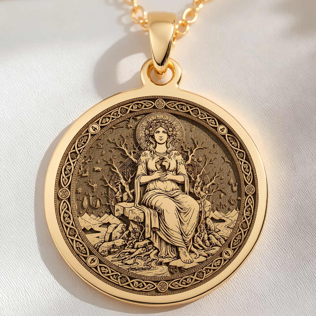 Gaia Earth Goddess Medallion Pendant | 14K Solid Gold - Ancient Mythology Protection Talisman
