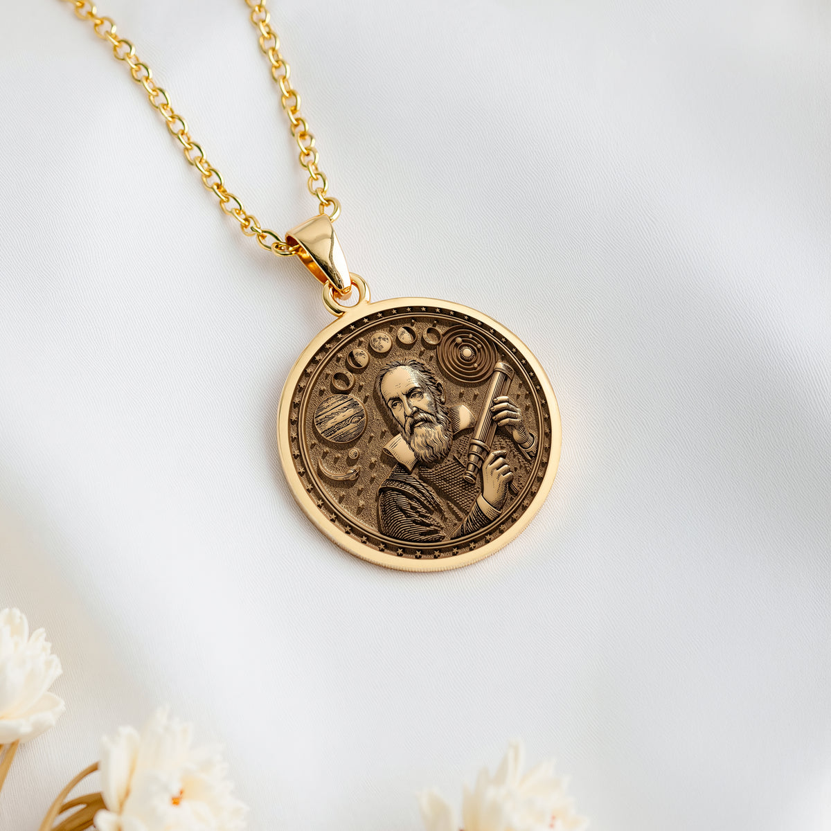 14K solid gold Galileo Astronomy Pendant: round  of Galileo astronomer holding telescop...