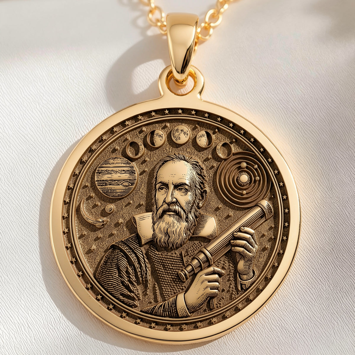 14K solid gold Galileo Astronomy Pendant: round  of Galileo Italian astronomer holding ...
