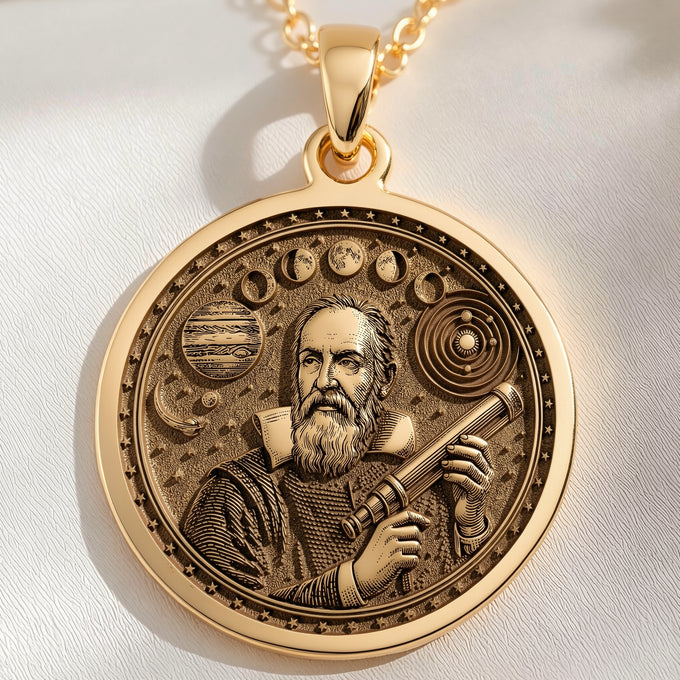 14K solid gold Galileo Astronomy Pendant: round  of Galileo Italian astronomer holding ...