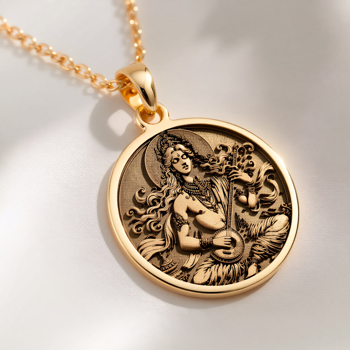 14K solid gold Gandharva Musician Pendant Necklace: round  of Gandharva Hindu celestial...