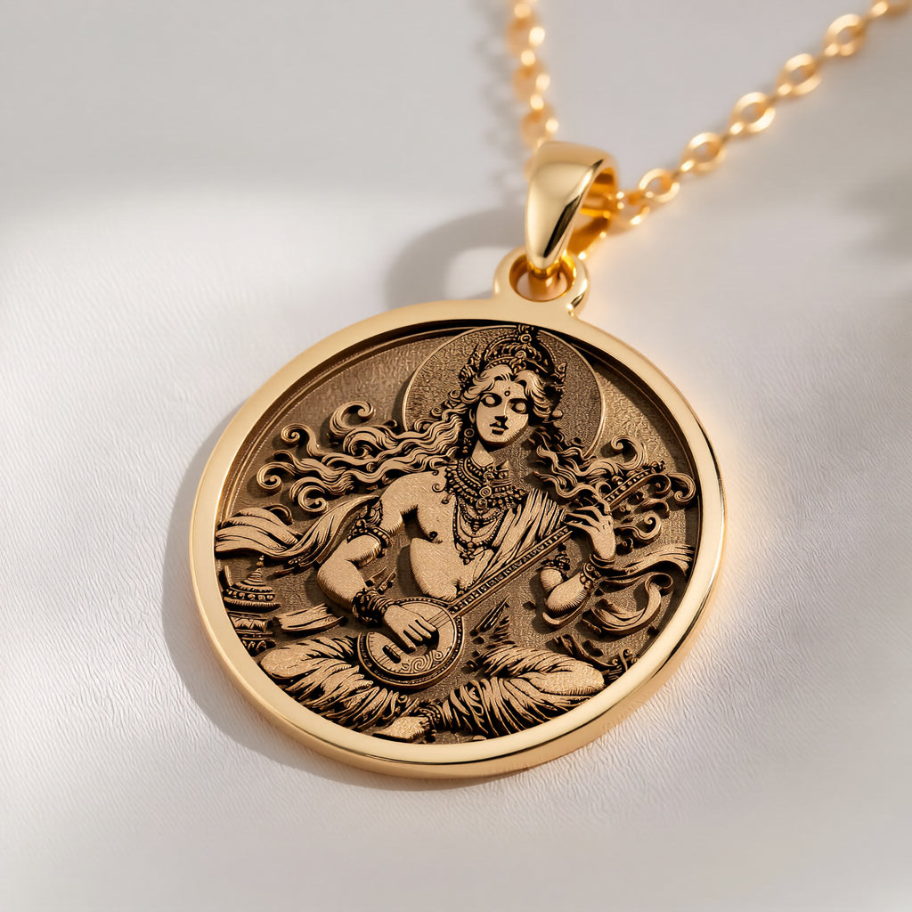14K solid gold Gandharva Musician Pendant Necklace: round  of Gandharva Hindu musician ...