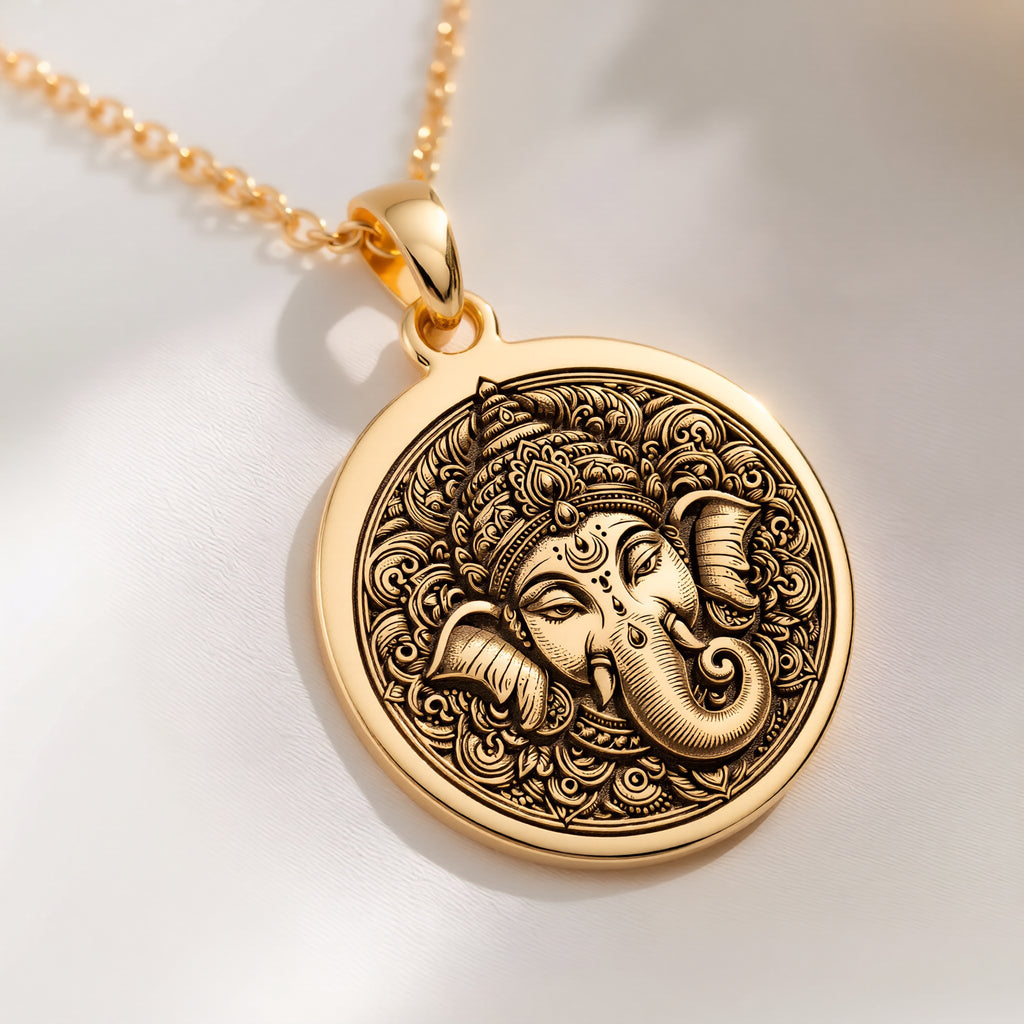 14K solid gold Ganesha God Necklace: round  of Hindu deity Ganesha with engraved elepha...
