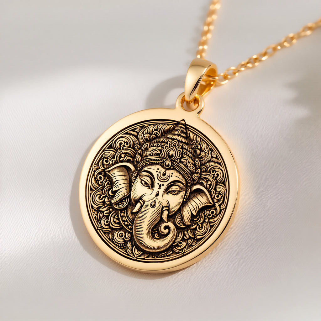 14K solid gold Parvati Goddess with Ganesha Elephant Amulet Pendant: round  of Ganesha ...