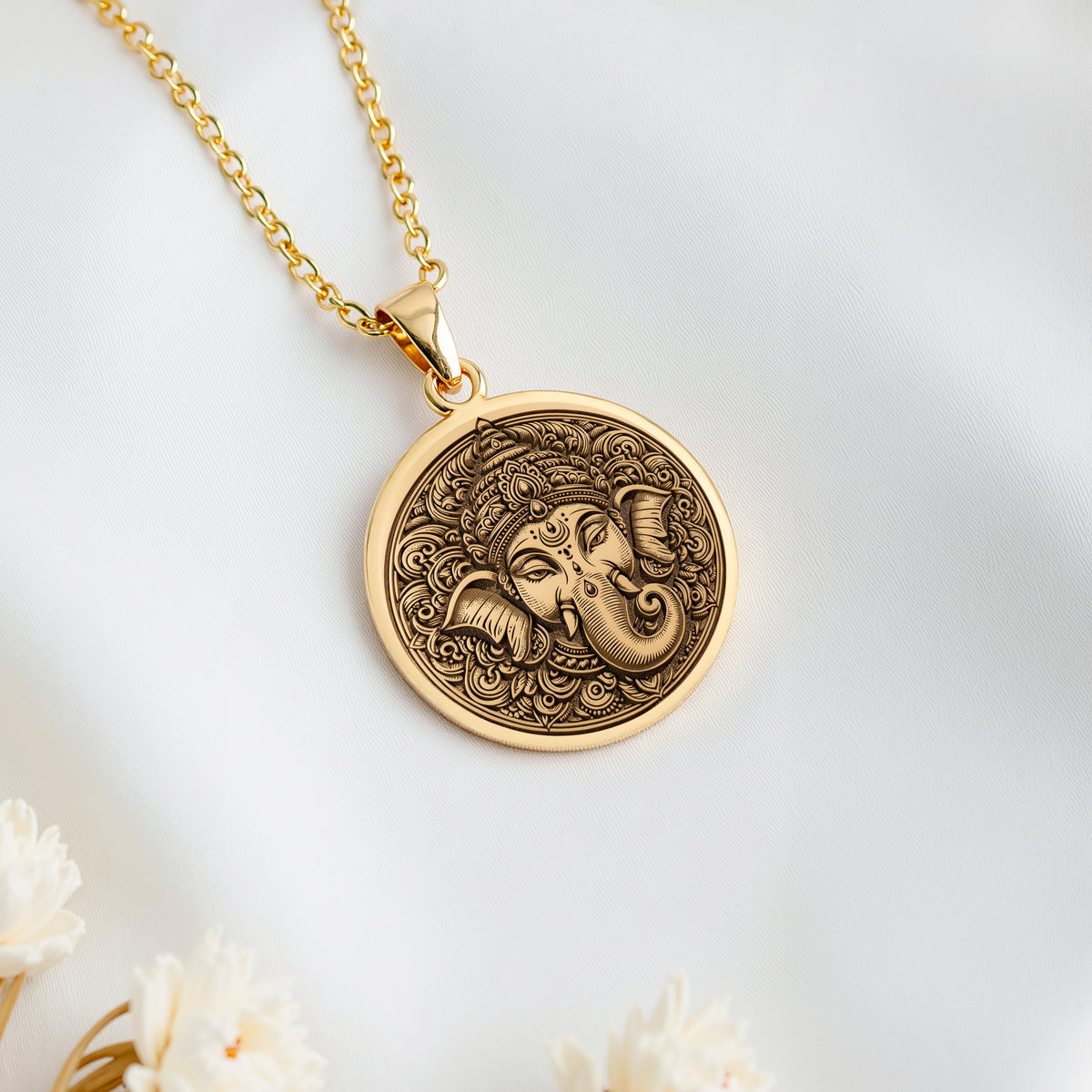 14K solid gold Parvati Goddess with Ganesha Elephant Amulet Pendant: round  of Hindu de...