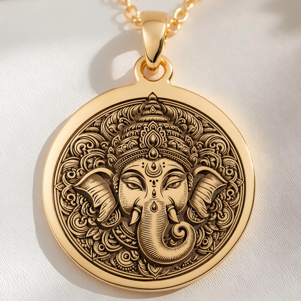 14K solid gold Parvati Goddess with Ganesha Elephant Amulet Pendant: round  of Hindu de...