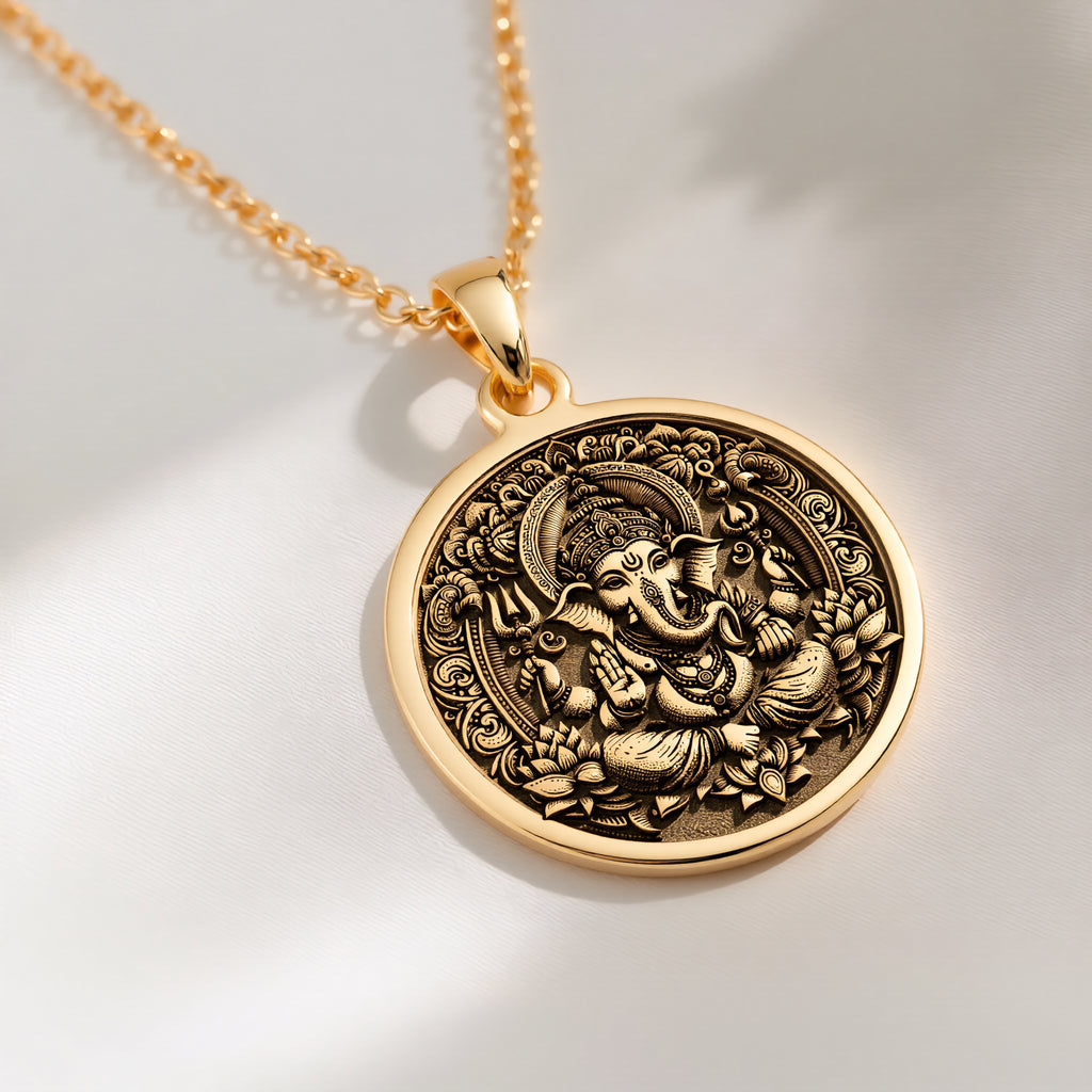 14K solid gold Ganesha Elephant God Pendant: round  Ganesha Hindu elephant god with eng...