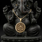 14K solid gold Ganesha Elephant God Pendant: round  of Hindu deity Lord Ganesha with in...
