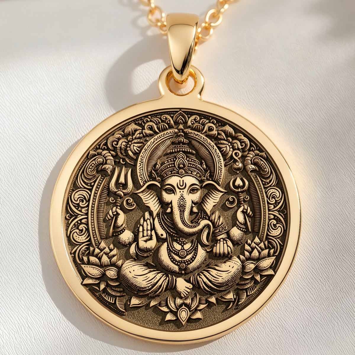 14K solid gold Ganesha Elephant God Pendant: round  of Ganesha Hindu elephant god with ...