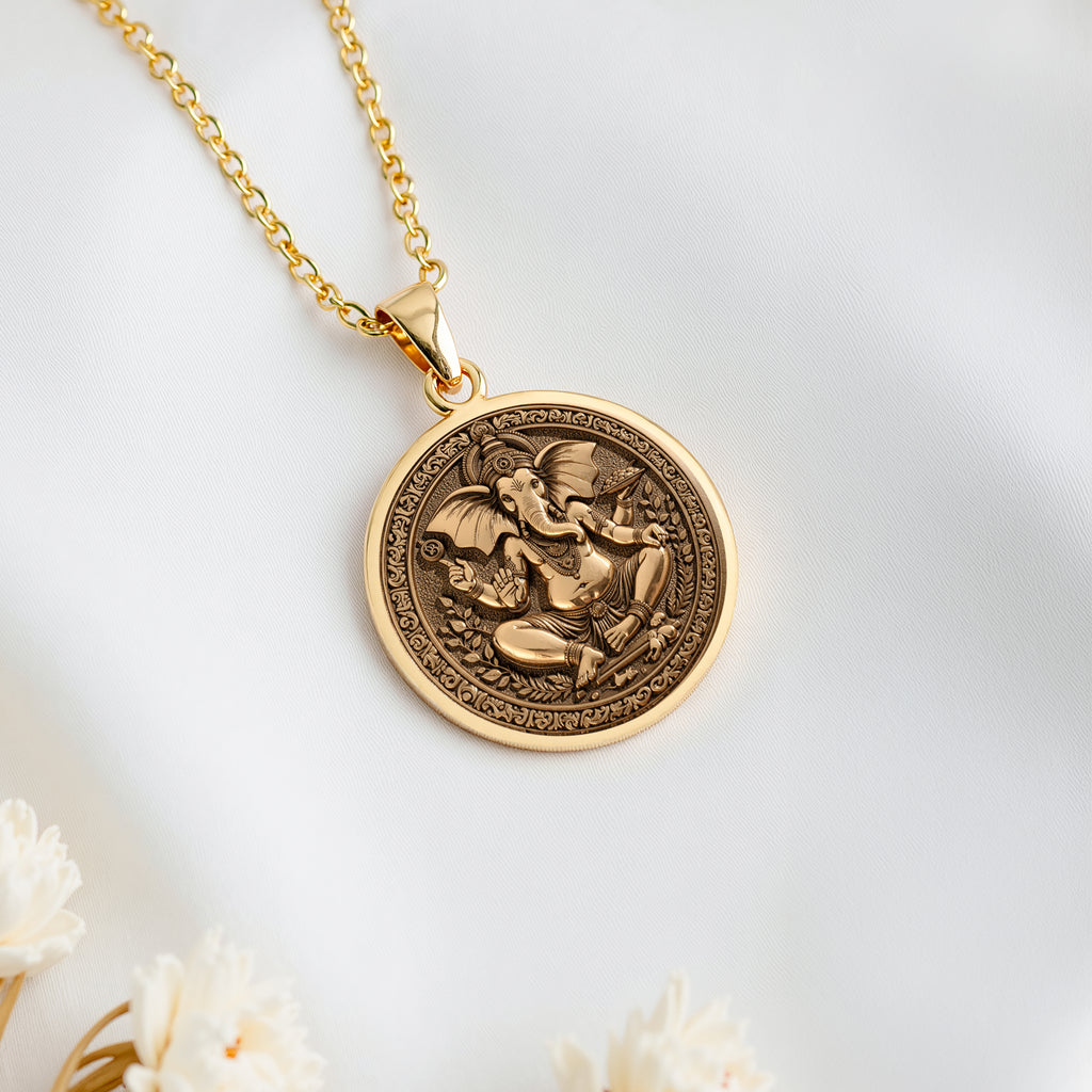 14K solid gold Ganesha Elephant God Pendant: round  of Ganesha Hindu elephant god with ...