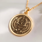 14K solid gold Garuda Bird Spiritual Amulet Necklace: round  of Garuda mythical bird wi...