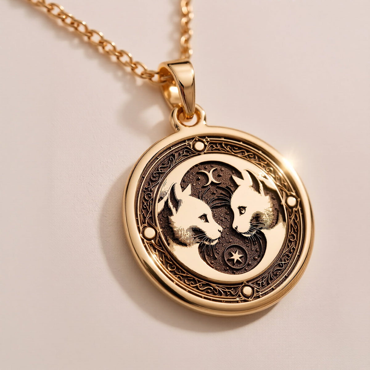 Gemini Zodiac Medallion Medallion Necklaces 14K Rose 14K 14K Rose Gold Plated pendant necklace featuring an ornate skull design on a circular disc.