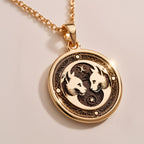 Gemini Zodiac Medallion Medallion Necklaces 14K Rose 14K 14K Rose Gold Plated pendant necklace featuring an ornate skull design on a circular disc.