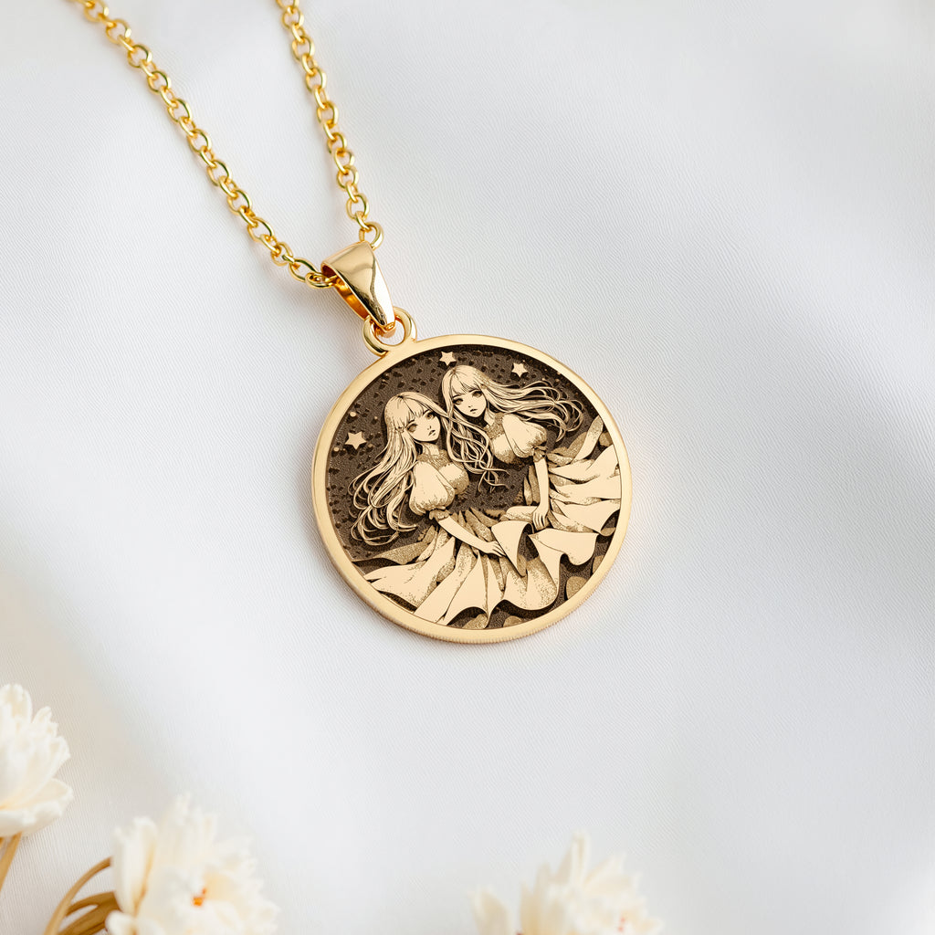 14K solid gold Gemini Zodiac Astrological Sign Necklace: round  Gemini zodiac sign with...