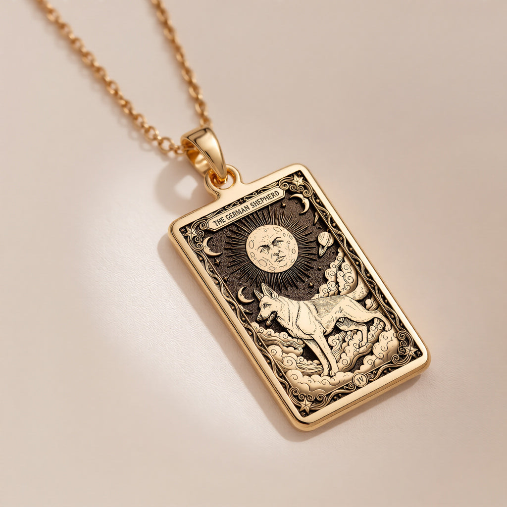An heirloom-quality 14K solid gold German Shepherd tarot pendant. The art shows the noble dog in a "Sun" card, symbolizing a bright spirit, a precious dog mom gift.