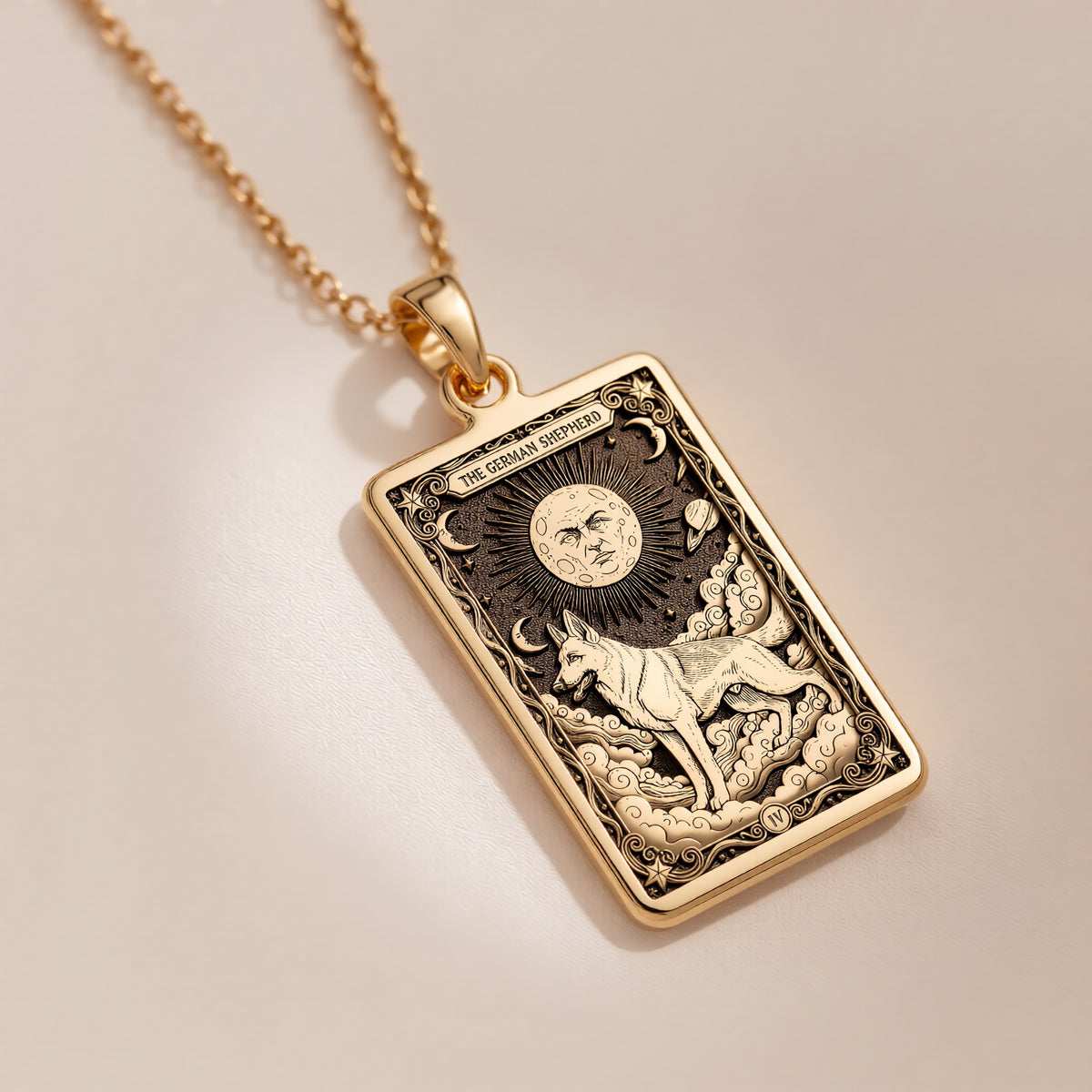 An heirloom-quality 14K solid gold German Shepherd tarot pendant. The art shows the noble dog in a "Sun" card, symbolizing a bright spirit, a precious dog mom gift.