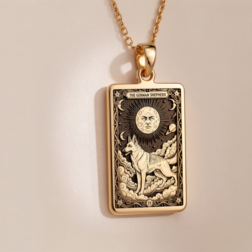 An heirloom-quality 14K solid gold German Shepherd tarot pendant. The art shows the noble dog in a "Sun" card, symbolizing a bright spirit, a precious dog mom gift.