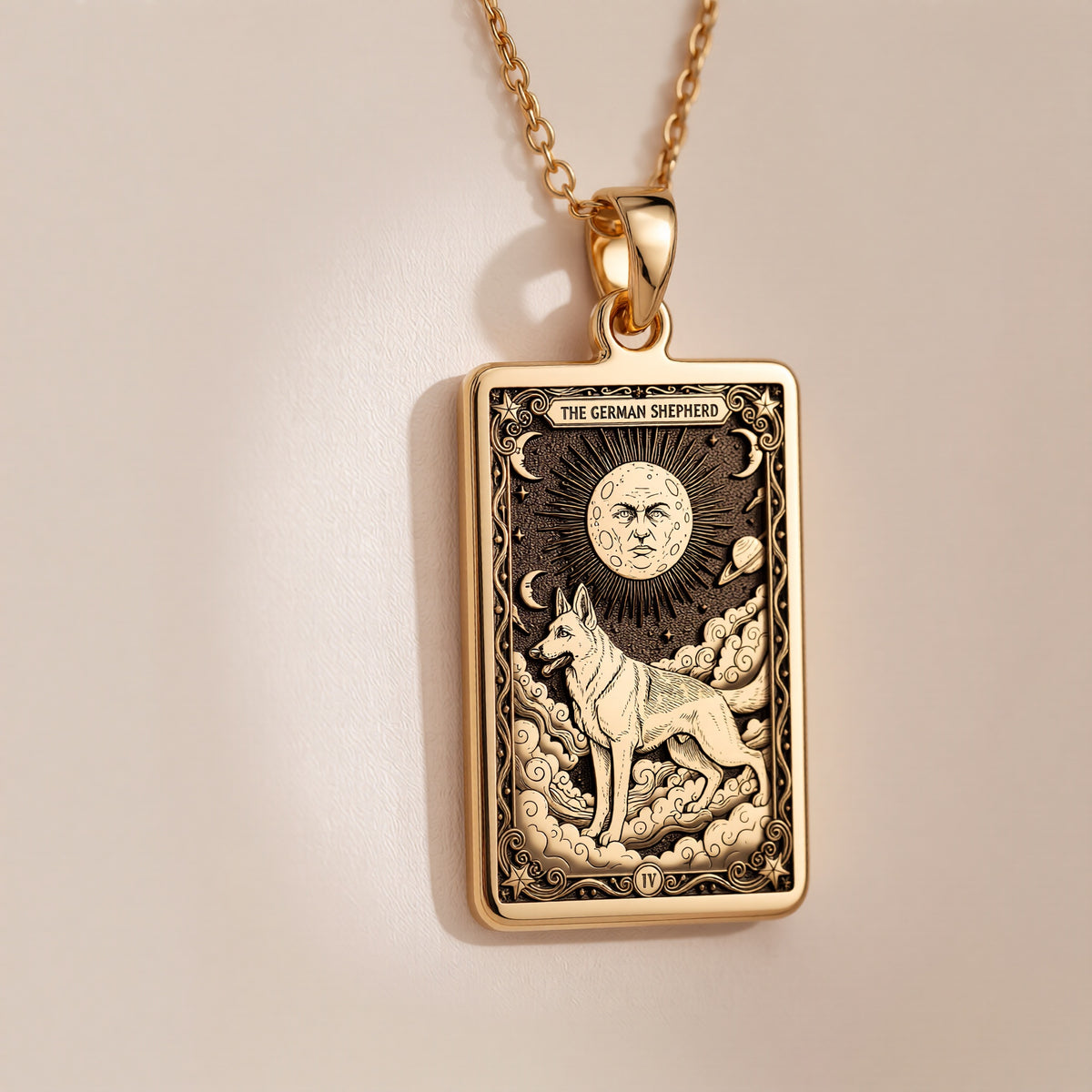 An heirloom-quality 14K solid gold German Shepherd tarot pendant. The art shows the noble dog in a "Sun" card, symbolizing a bright spirit, a precious dog mom gift.