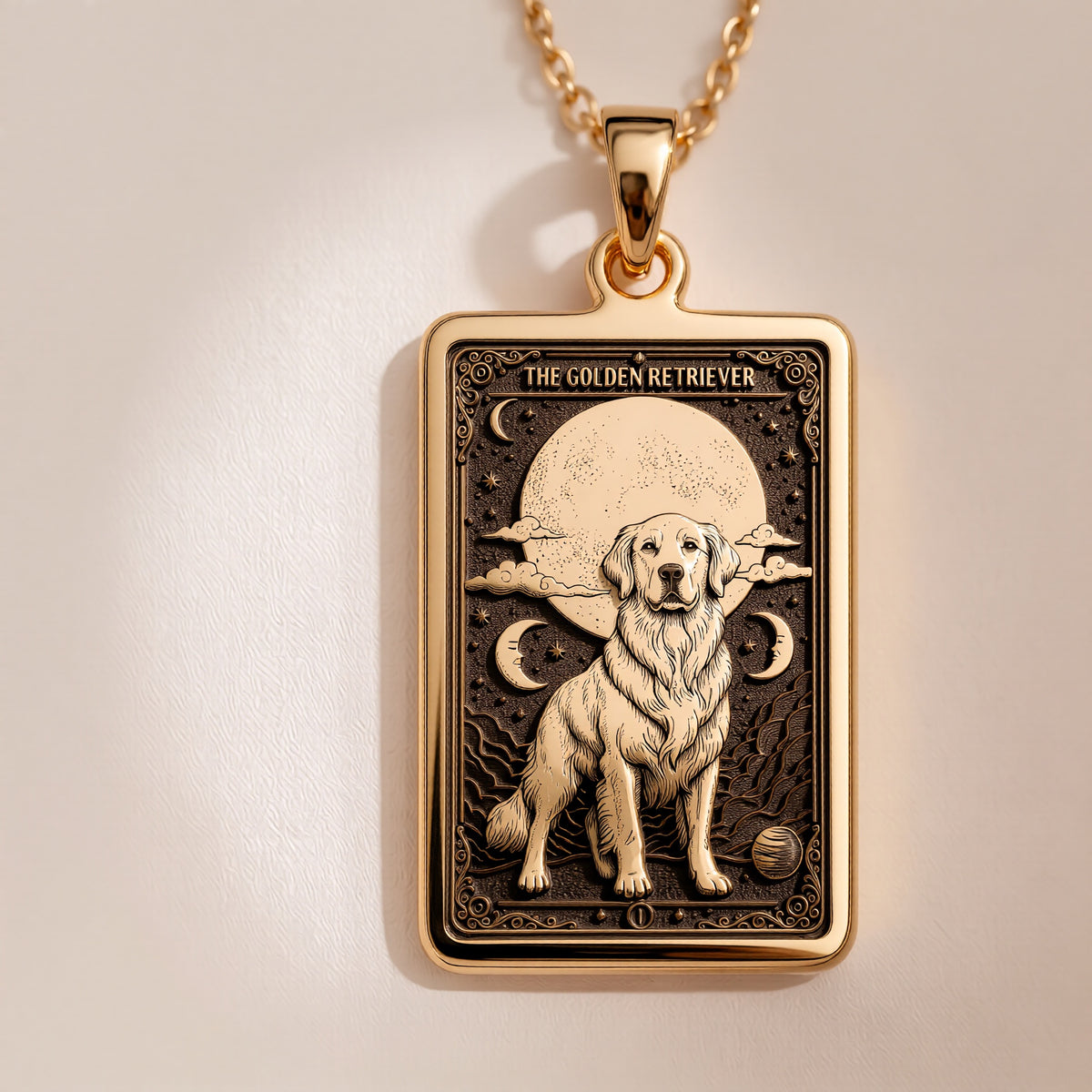 An heirloom-quality 14K solid gold Golden Retriever tarot pendant. The art shows the loyal dog under the moon, symbolizing friendship, a precious dog mom gift.