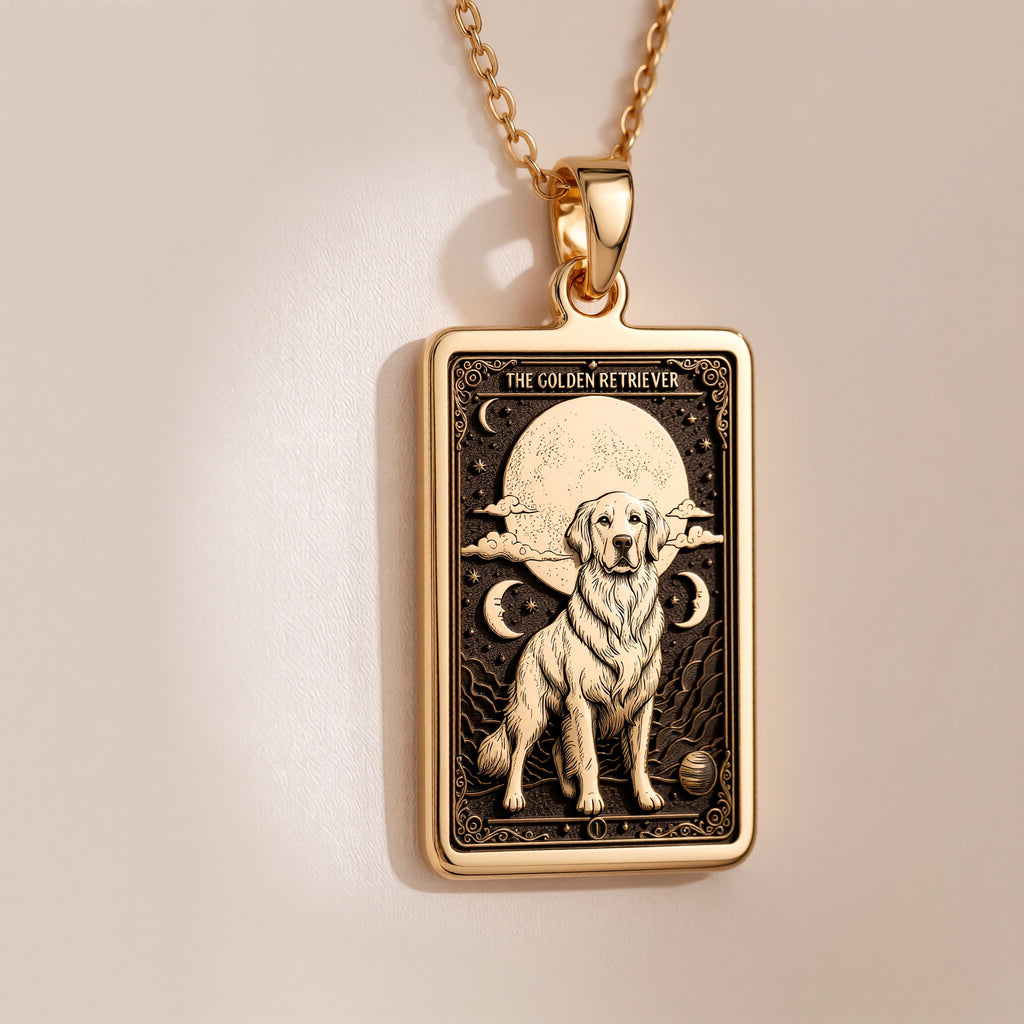 An heirloom-quality 14K solid gold Golden Retriever tarot pendant. The art shows the loyal dog under the moon, symbolizing friendship, a precious dog mom gift.