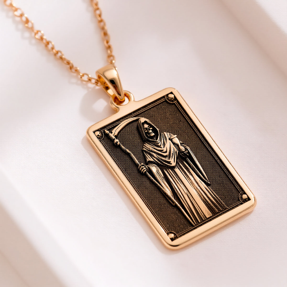 14K solid gold Grim Reaper pendant necklace. Gothic horror memento mori jewelry, dark aesthetic occult symbol.