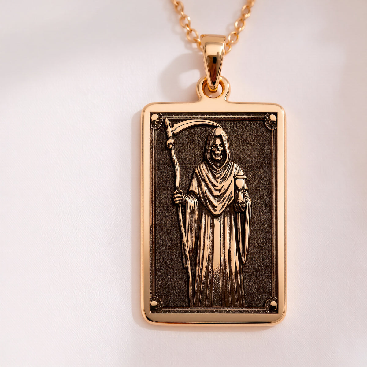 14K solid gold Grim Reaper pendant necklace. Polished gothic horror memento mori jewelry. Solid gold gothic art.