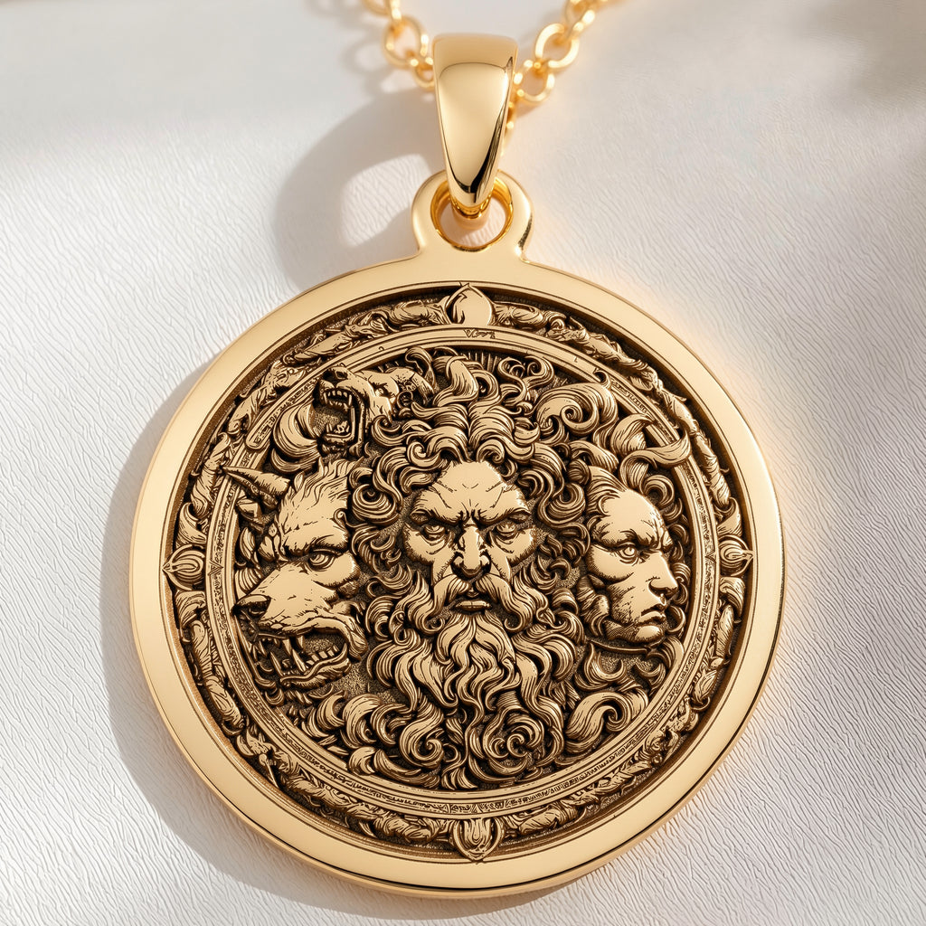 14K solid gold Hades Three: round  of Hades Greek underworld god with engraved Cerberus...