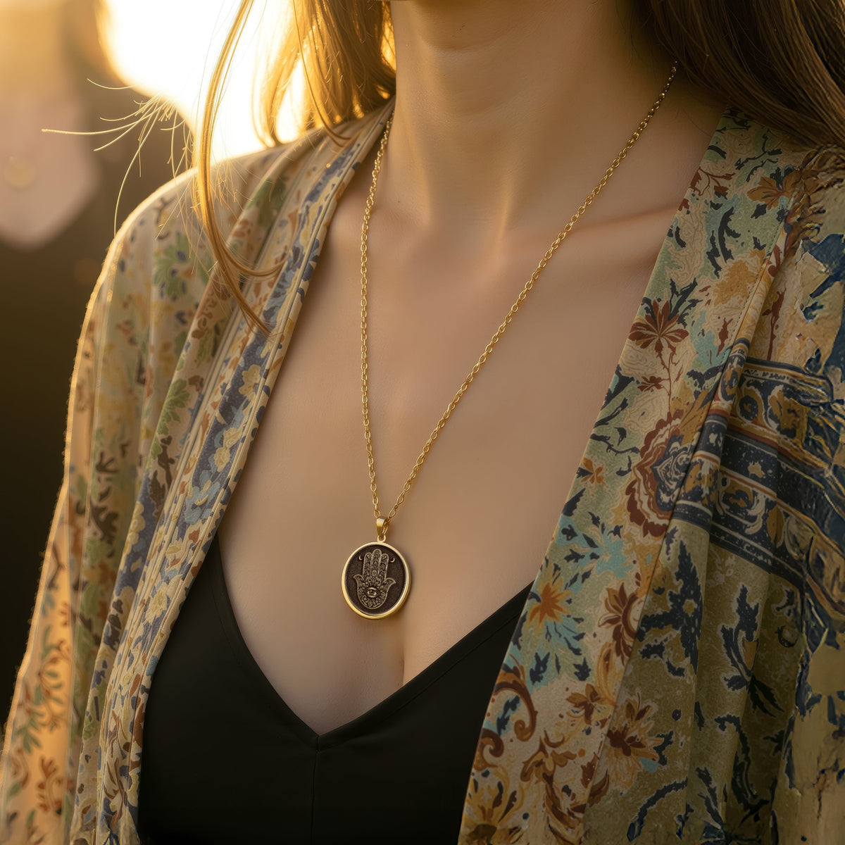 Hamsa Hand Protection Amulet Necklaces 14K 14K Gold Plated pendant necklace featuring a stylized eye motif with crescent shapes.