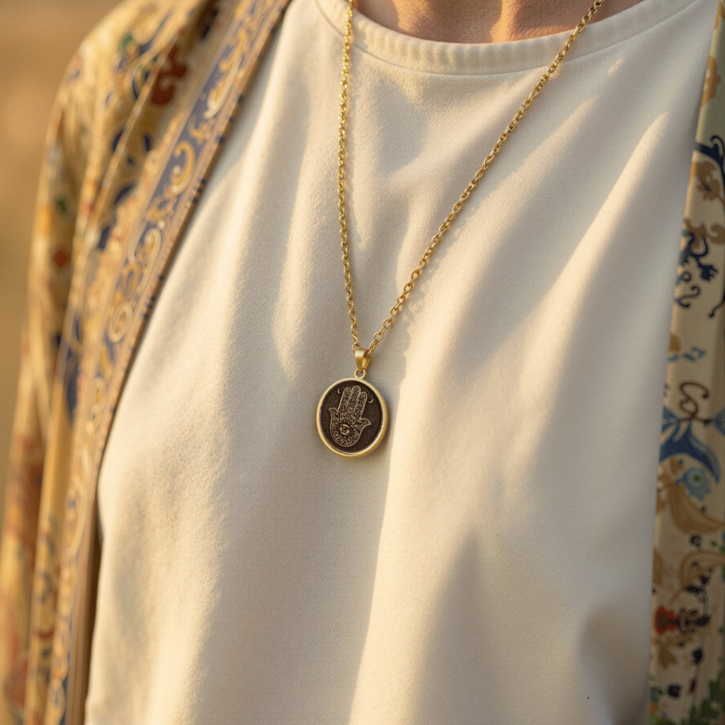 Hamsa Hand Protection Amulet Necklaces 14K 14K Gold Plated pendant necklace featuring a stylized hand with an eye motif.