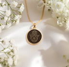 14K Gold Plated Hamsa necklace with ornate evil eye design, offering both beauty and protective symbolism. Great gift for her, perfect for daily wear or spiritual occasions.