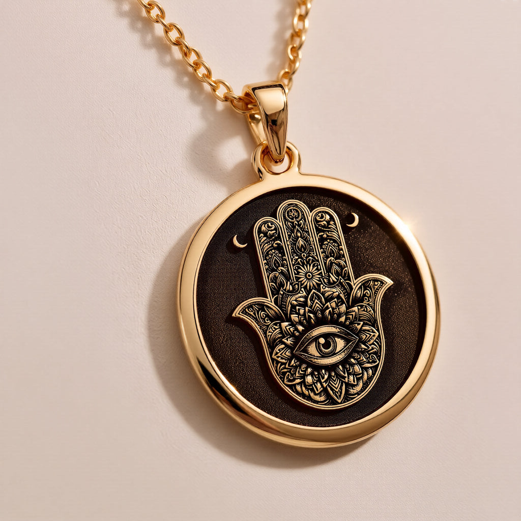 Hamsa Hand Protection Amulet Necklaces 925 925 Sterling Silver evil eye pendant necklace with round shape and detailed engraving.