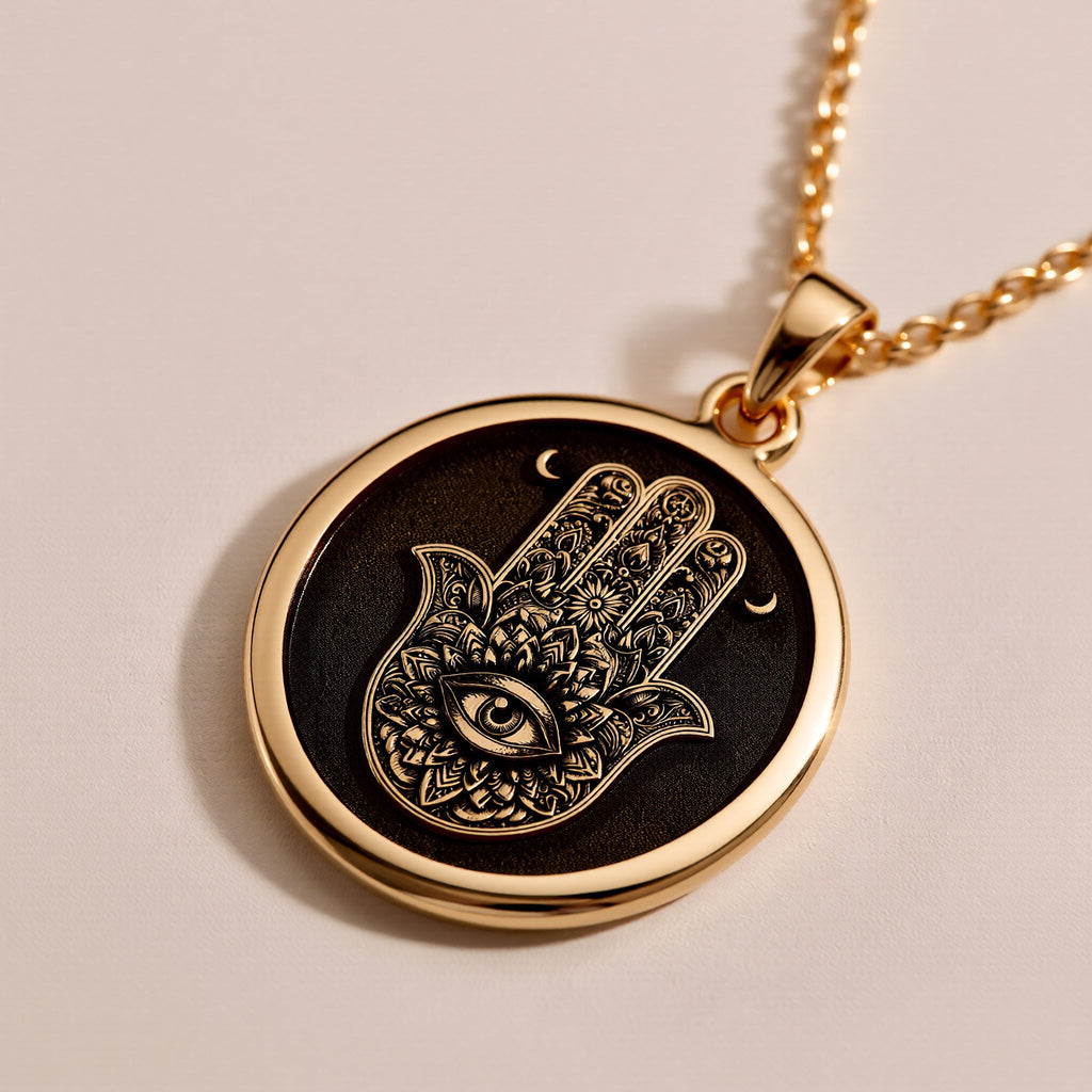 Rose Gold Plated Hamsa pendant with Evil Eye charm, a symbol of divine protection and harmony. Feminine and meaningful gift choice for birthdays, holidays, or spiritual milestones.