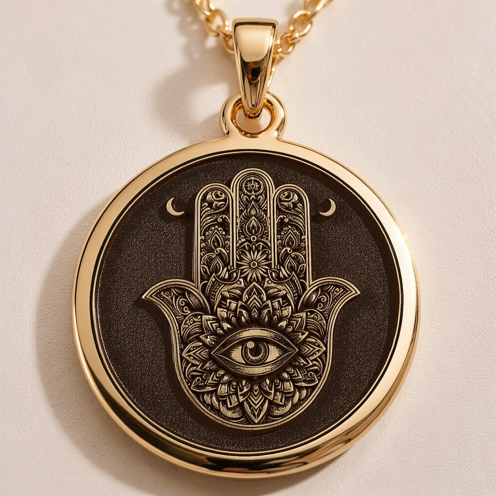 Hamsa Hand Protection Amulet Necklaces Gold-toned pendant necklace options featuring round discs in 14K Gold and 14K Gold Plated.
