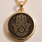 Hamsa Hand Protection Amulet Necklaces Gold-toned pendant necklace options featuring round discs in 14K Gold and 14K Gold Plated.