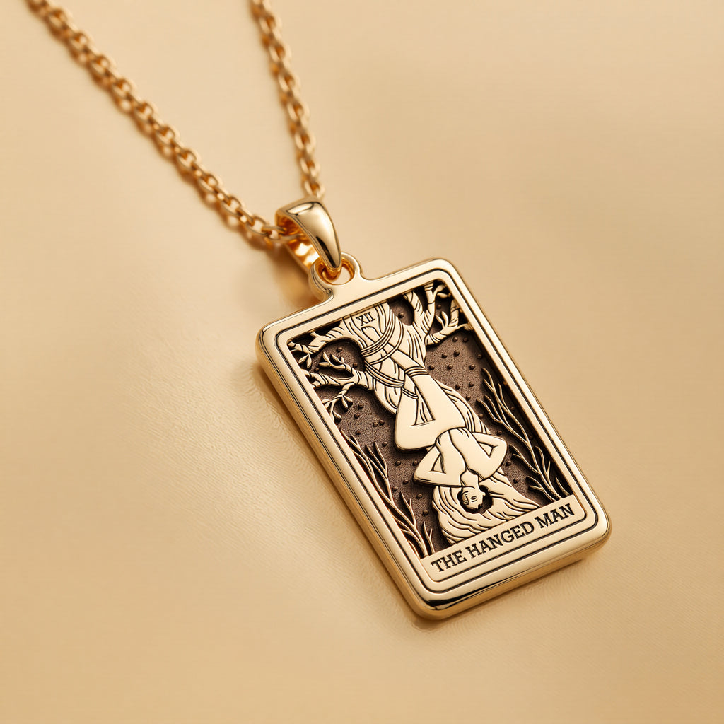 Hanged Man with Halo Pendant Necklaces 14K 14K Gold Plated pendant of The Hanged Man figure with text necklace