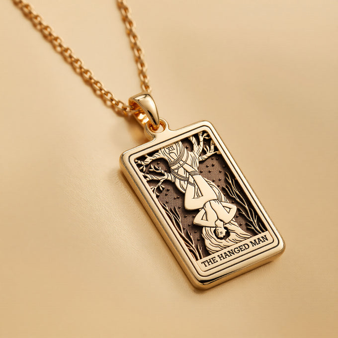 Hanged Man with Halo Pendant Necklaces 14K 14K Gold Plated pendant of The Hanged Man figure with text necklace
