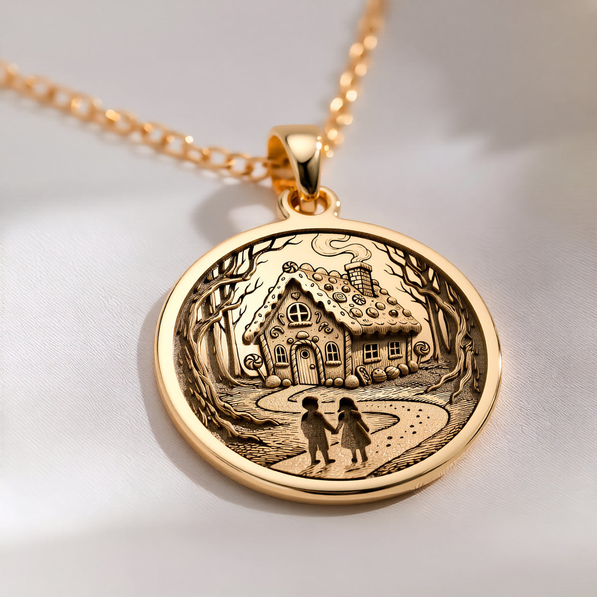 Hansel and Gretel Fairy Tale Art Pendant Necklaces 14K 14K Gold Plated round pendant featuring a detailed house and figures walking on a path.