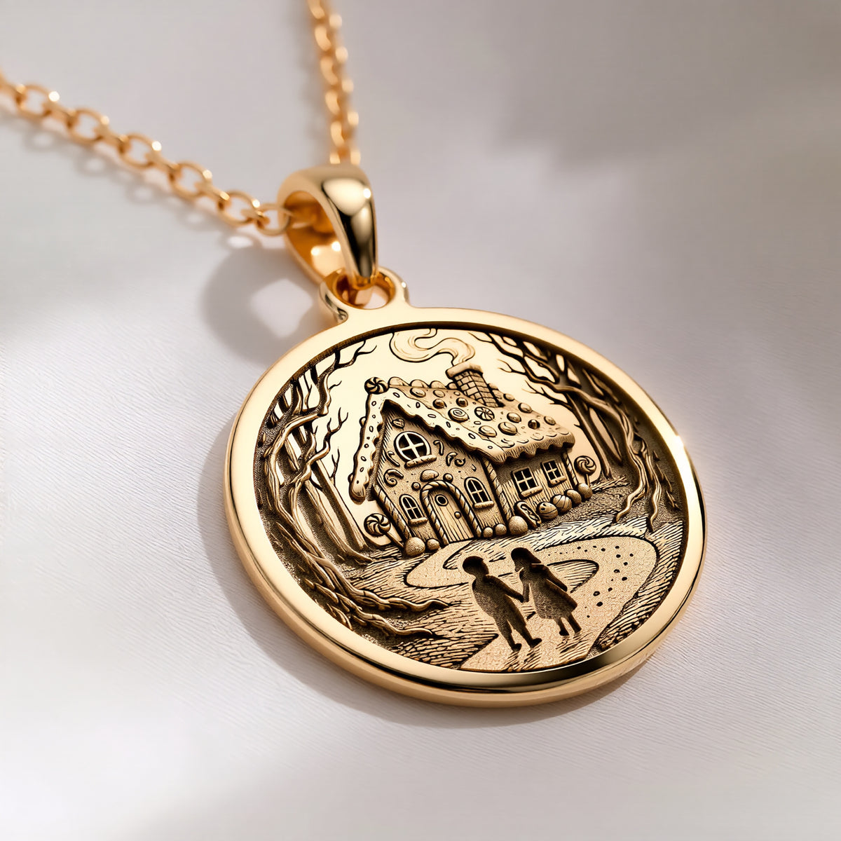 14K solid gold Hansel and Gretel Fairy Tale Art Pendant: round  of Hansel and Gretel fa...