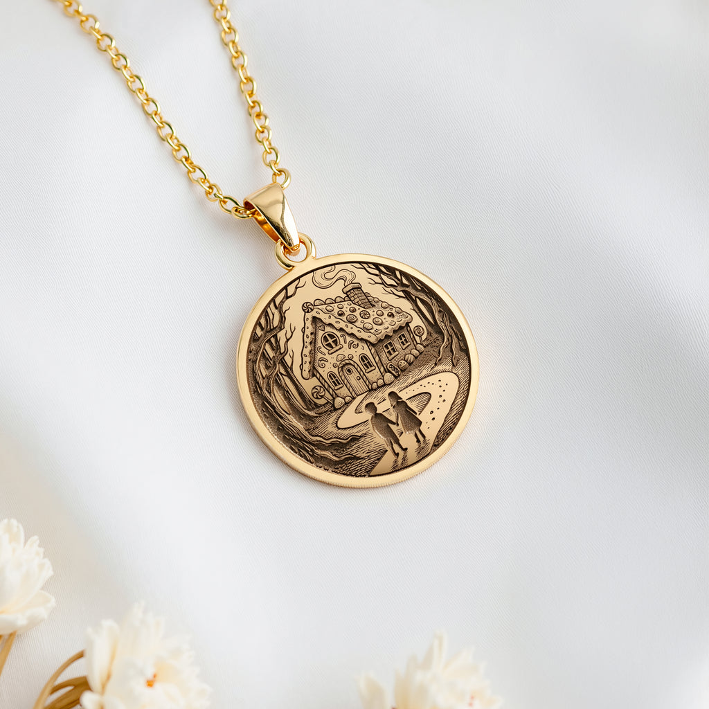 14K solid gold Hansel and Gretel Fairy Tale Art Pendant: round  of Hansel and Gretel fa...