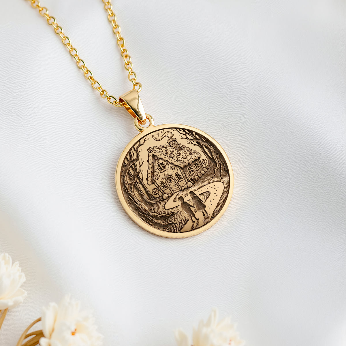14K solid gold Hansel and Gretel Fairy Tale Art Pendant: round  of Hansel and Gretel fa...