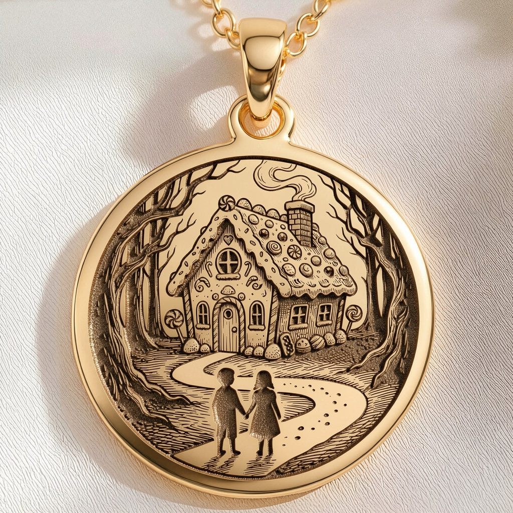 Hansel and Gretel Fairy Tale Art Pendant Necklaces 14K 14K Gold Plated pendant featuring a vintage cottage illustration with figures walking through the woods.