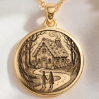 Hansel and Gretel Fairy Tale Art Pendant Necklaces 14K 14K Gold Plated pendant featuring a vintage cottage illustration with figures walking through the woods.