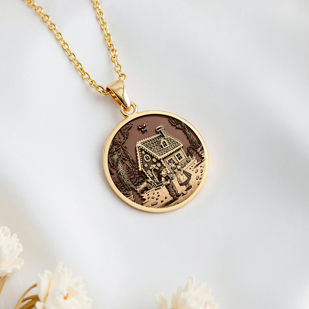 14K solid gold Hansel & Gretel Fairy Tale Coin Necklace: round  Hansel & Gretel fairy t...