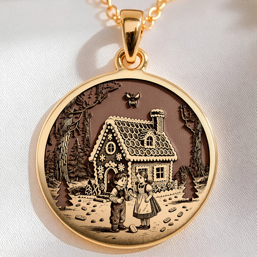 Hansel & Gretel Fairy Tale Coin Necklace Necklaces 14K 14K Gold Plated pendant featuring a vintage storybook scene of a house and figures on a round disc.