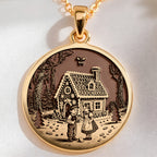 Hansel & Gretel Fairy Tale Coin Necklace Necklaces 14K 14K Gold Plated pendant featuring a vintage storybook scene of a house and figures on a round disc.