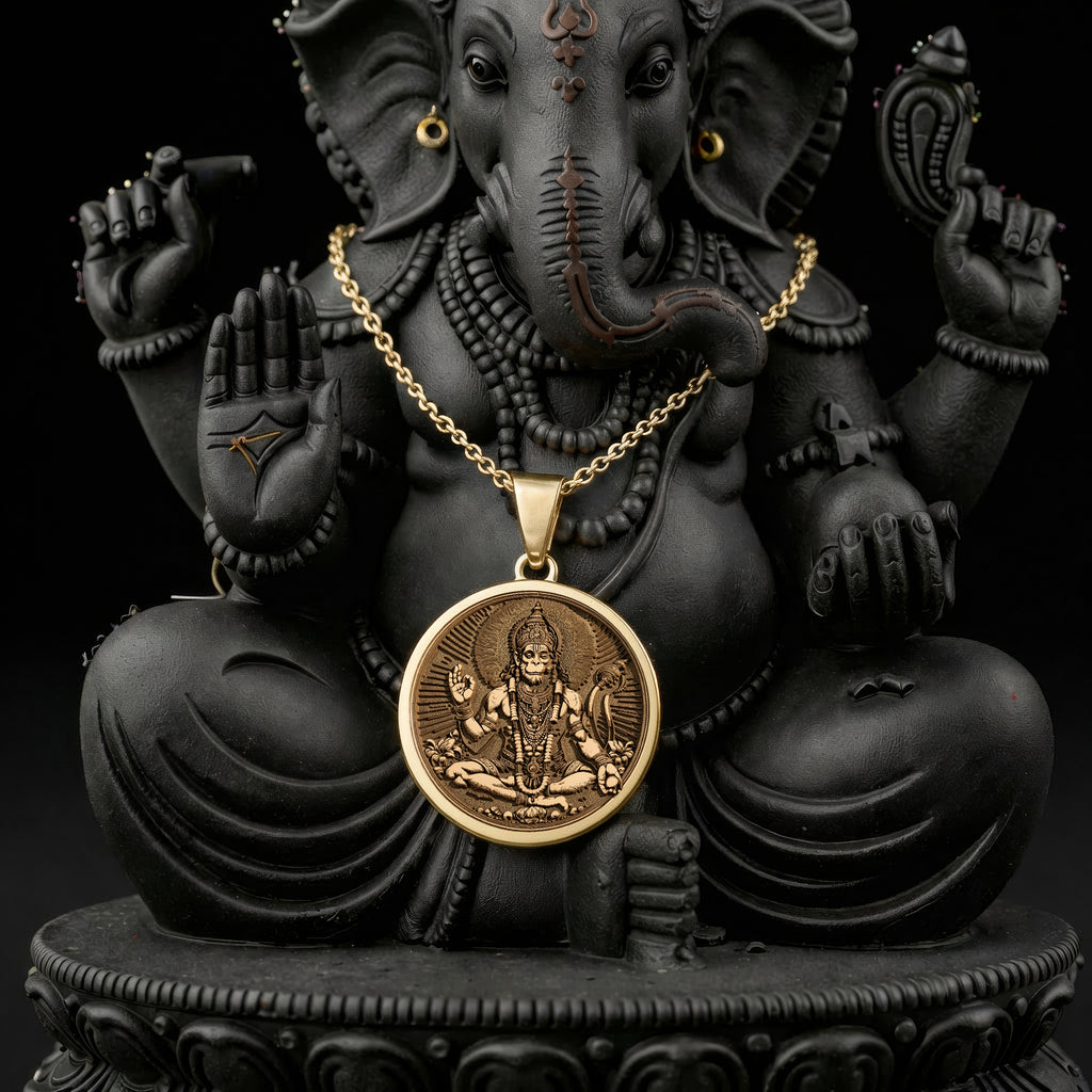14K solid gold Hanuman God Amulet Necklace: round  of Hanuman Hindu deity with engraved...
