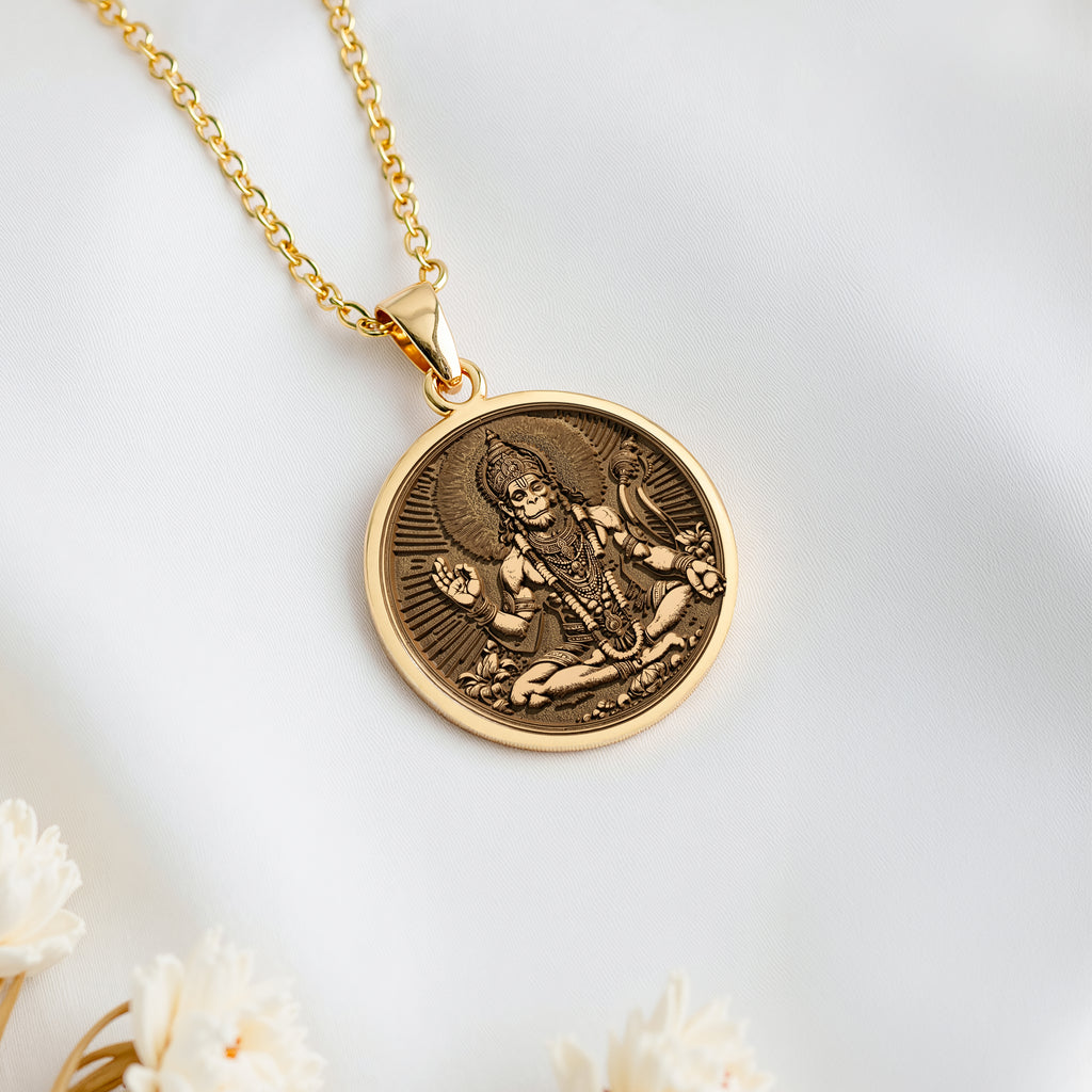 14K solid gold Hanuman God Amulet Necklace: round  of Hanuman Hindu deity with engraved...