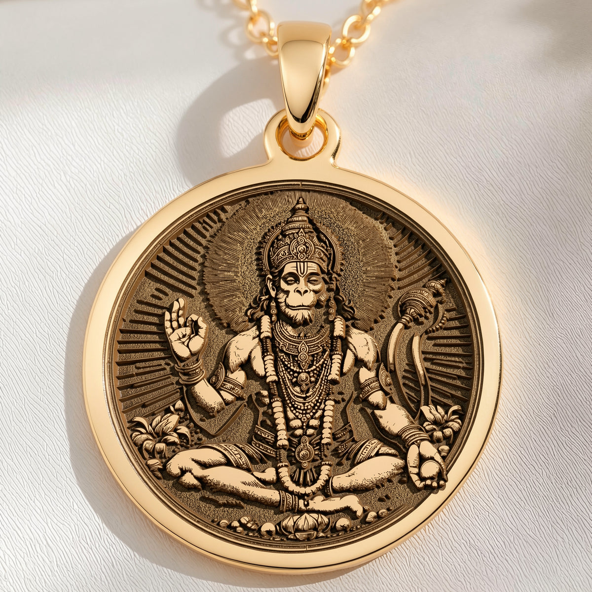 14K solid gold Hanuman God Amulet Necklace: round  of Hanuman Hindu deity with engraved...